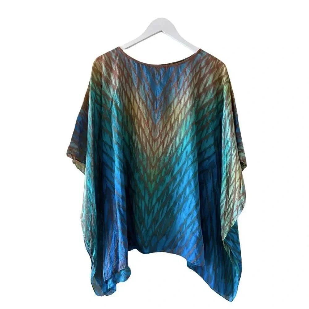 Cathayana Shibori Silk Poncho in Blue Turquoise Green Yellow and Browns